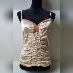 Vintage Moda International Satin Ruched Cami with Lace Trim Sz M Pale Pink